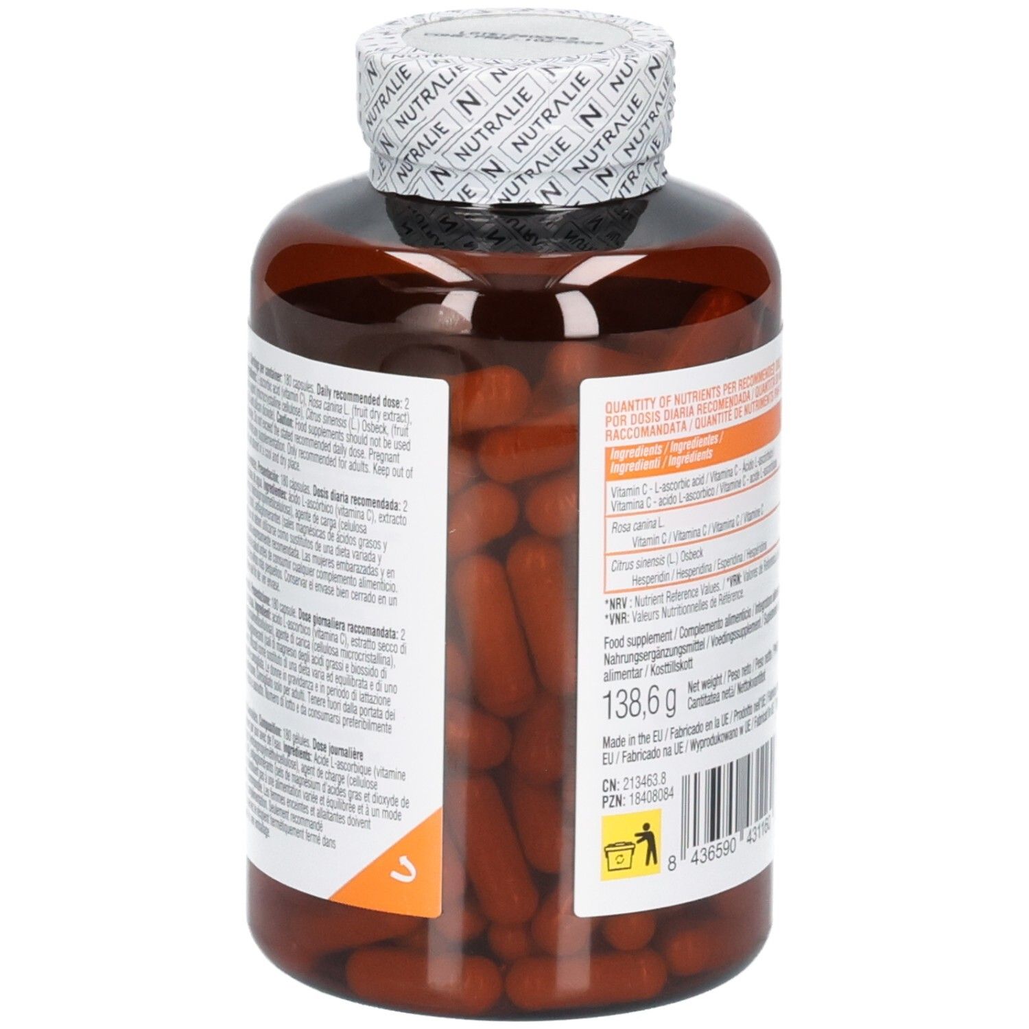 Zijaanzicht van een Nutralie Vitamine C 1000 mg fles met gedetailleerde informatie op het etiket.