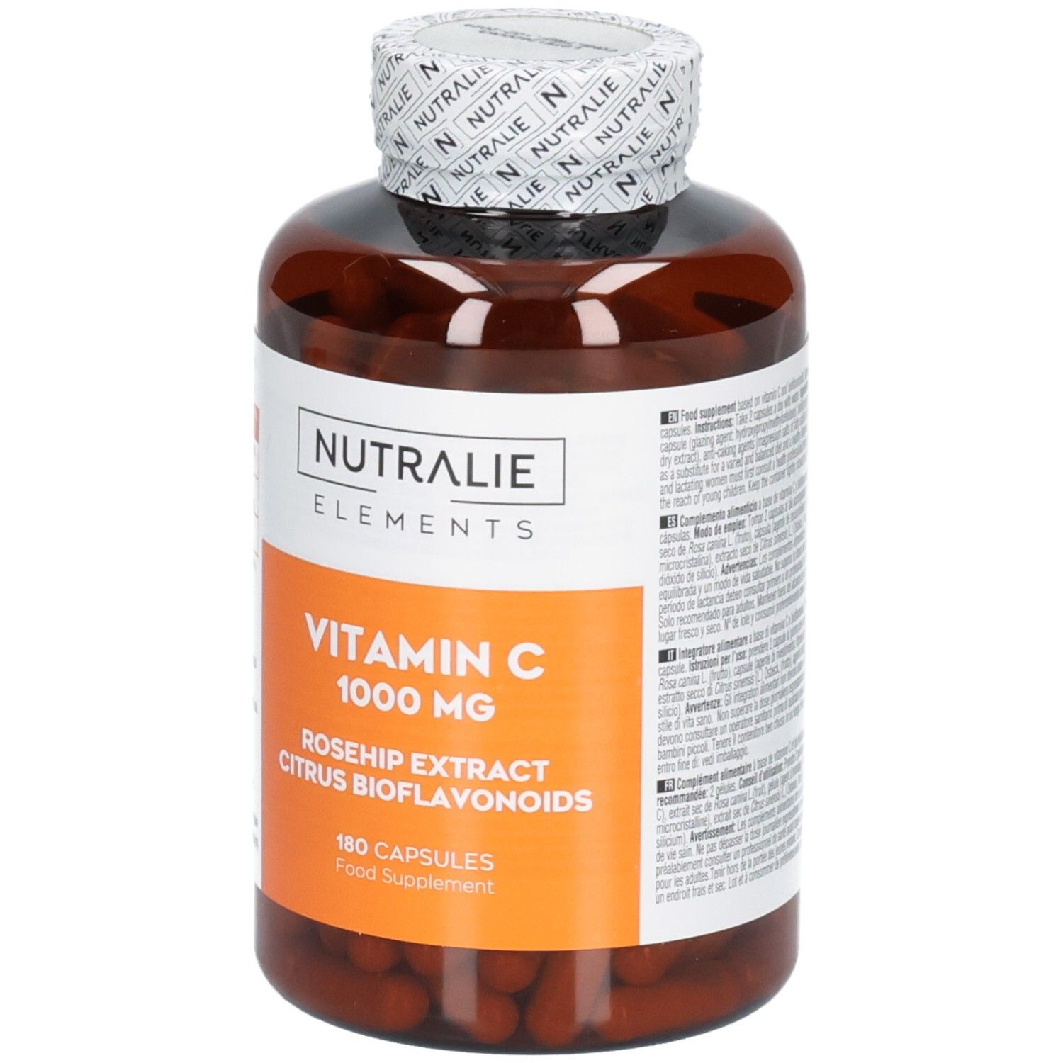 Nutralie Vitamine C 1000 mg fles met 180 capsules, rozenbottel extract en citrus bioflavonoïden.