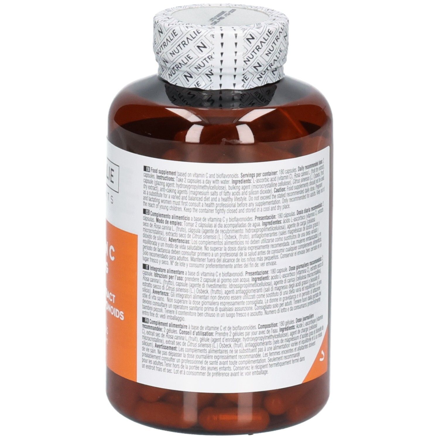Achterkant van een Nutralie Vitamine C 1000 mg fles met gedetailleerde informatie in meerdere talen.