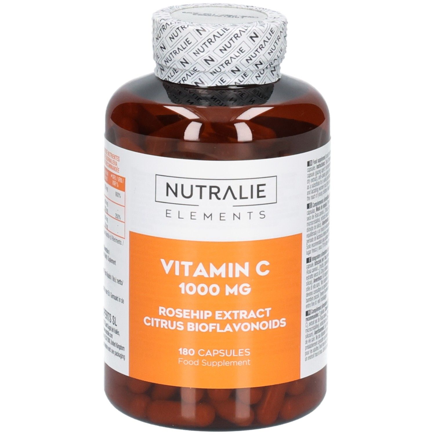 Nutralie Vitamine C 1000 mg fles met 180 capsules, rozenbottel extract en citrus bioflavonoïden.