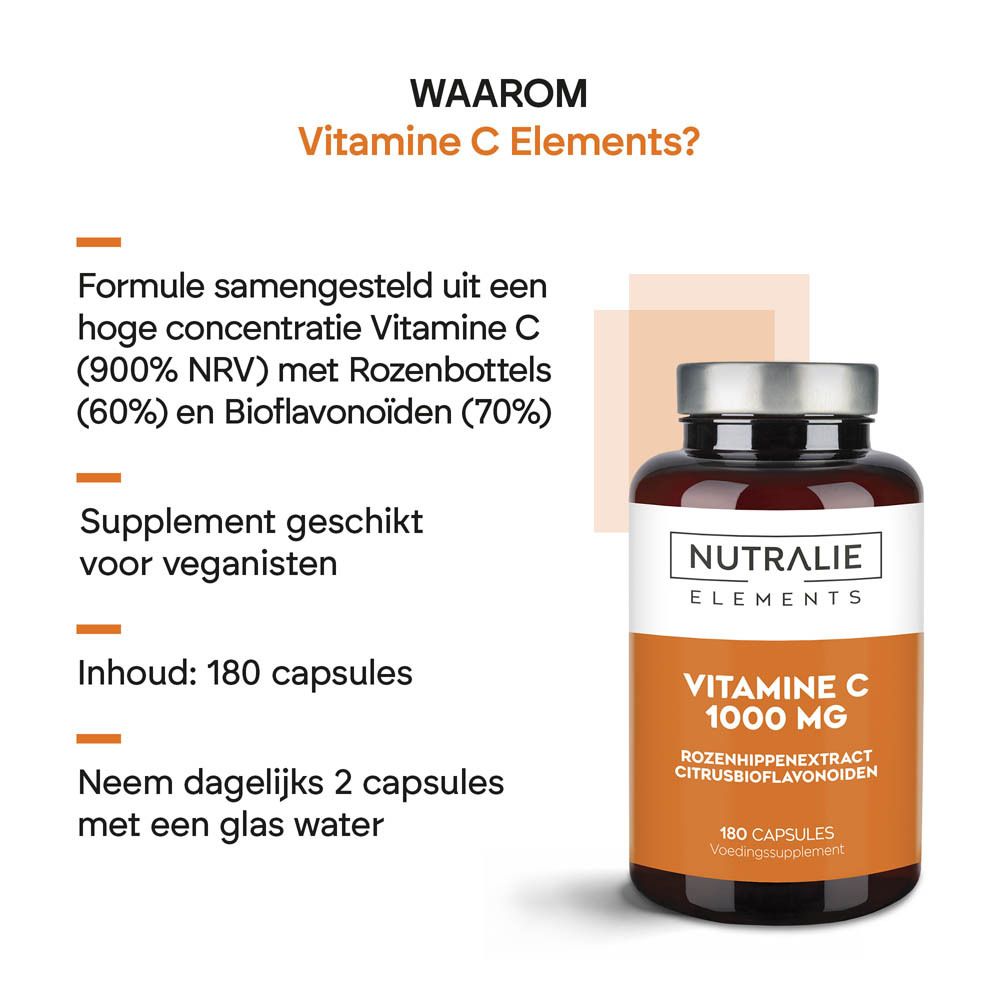 Zijaanzicht van een Nutralie Vitamine C 1000 mg fles met gedetailleerde informatie op het etiket.