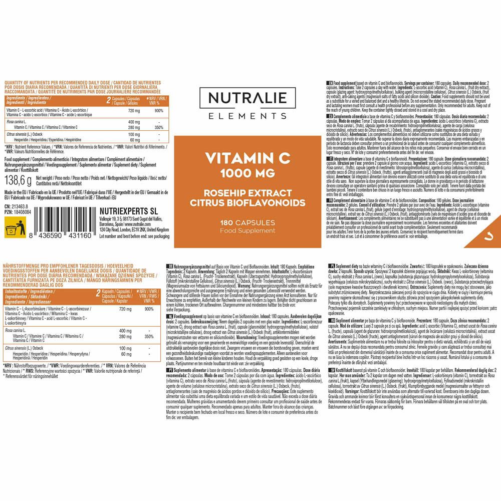 Nutralie Vitamine C 1000 mg fles met 180 capsules, rozenbottel extract en citrus bioflavonoïden.