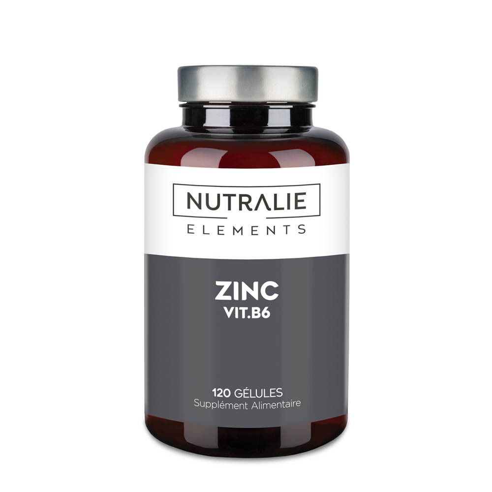 Bouteille brune Nutralie Zinc Vit. B6, 120 gélules, vue de face.