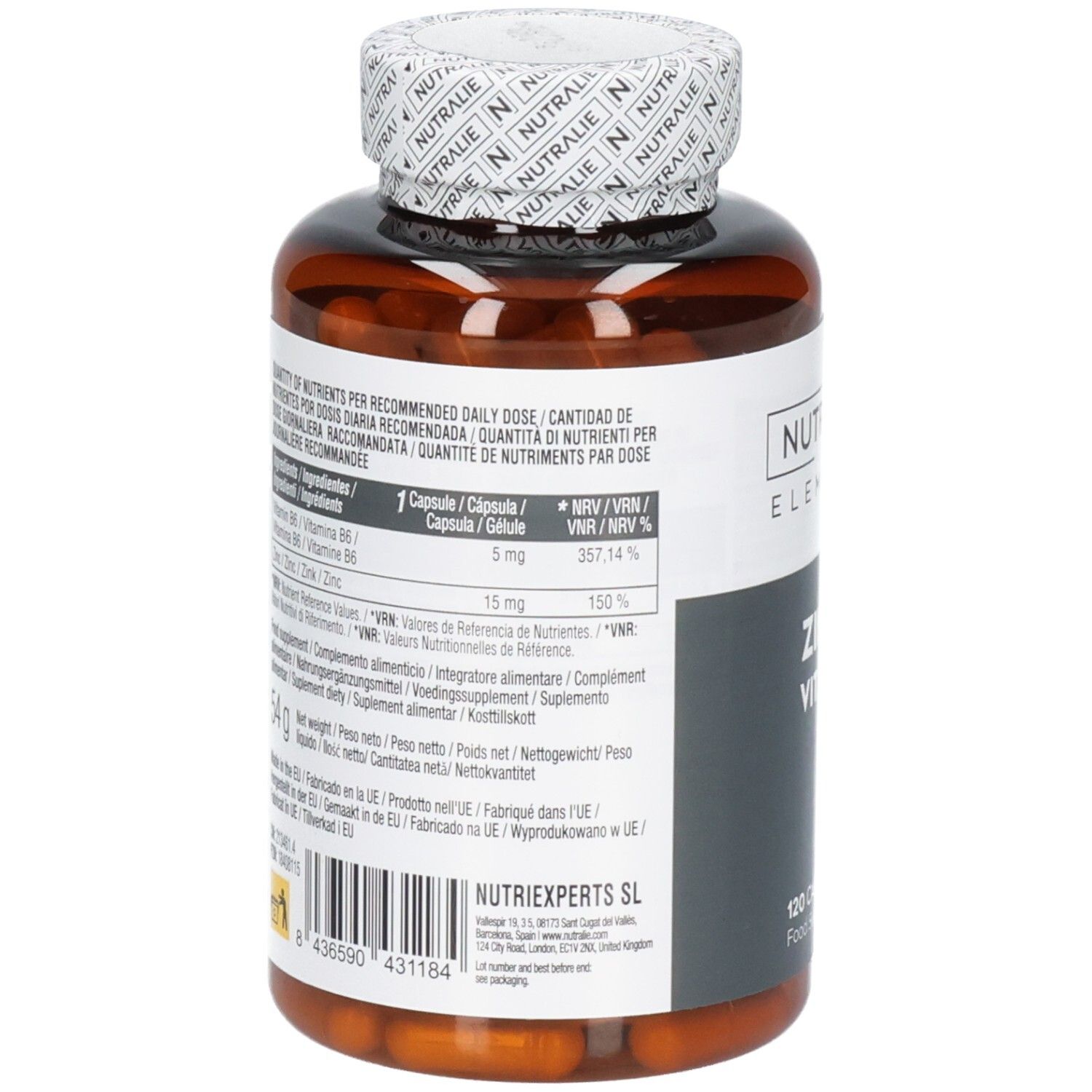 Achterkant van een Nutralie Zink Vit. B6 pot met voedingswaarde-informatie.