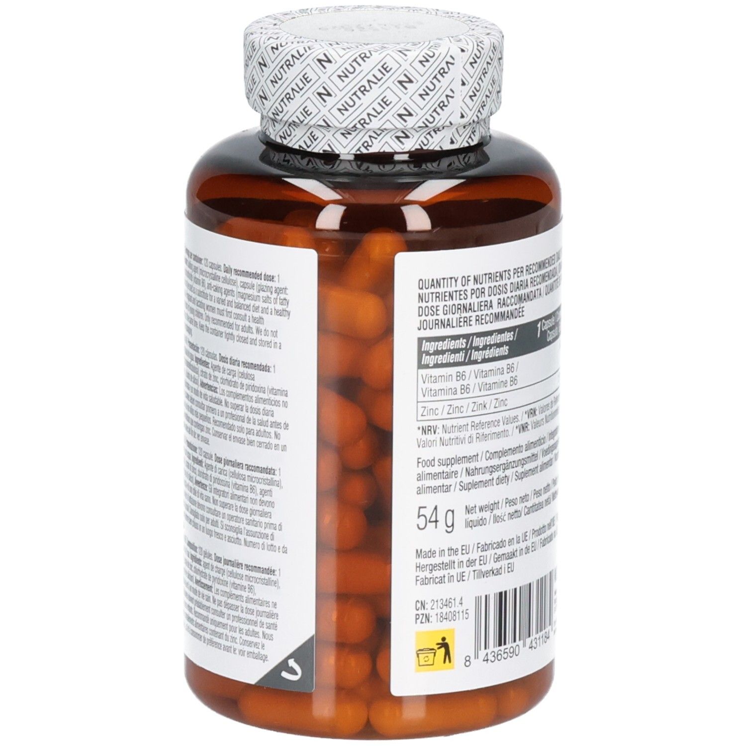 Zijaanzicht van een Nutralie Zink Vit. B6 pot met gewichtsaanduiding.