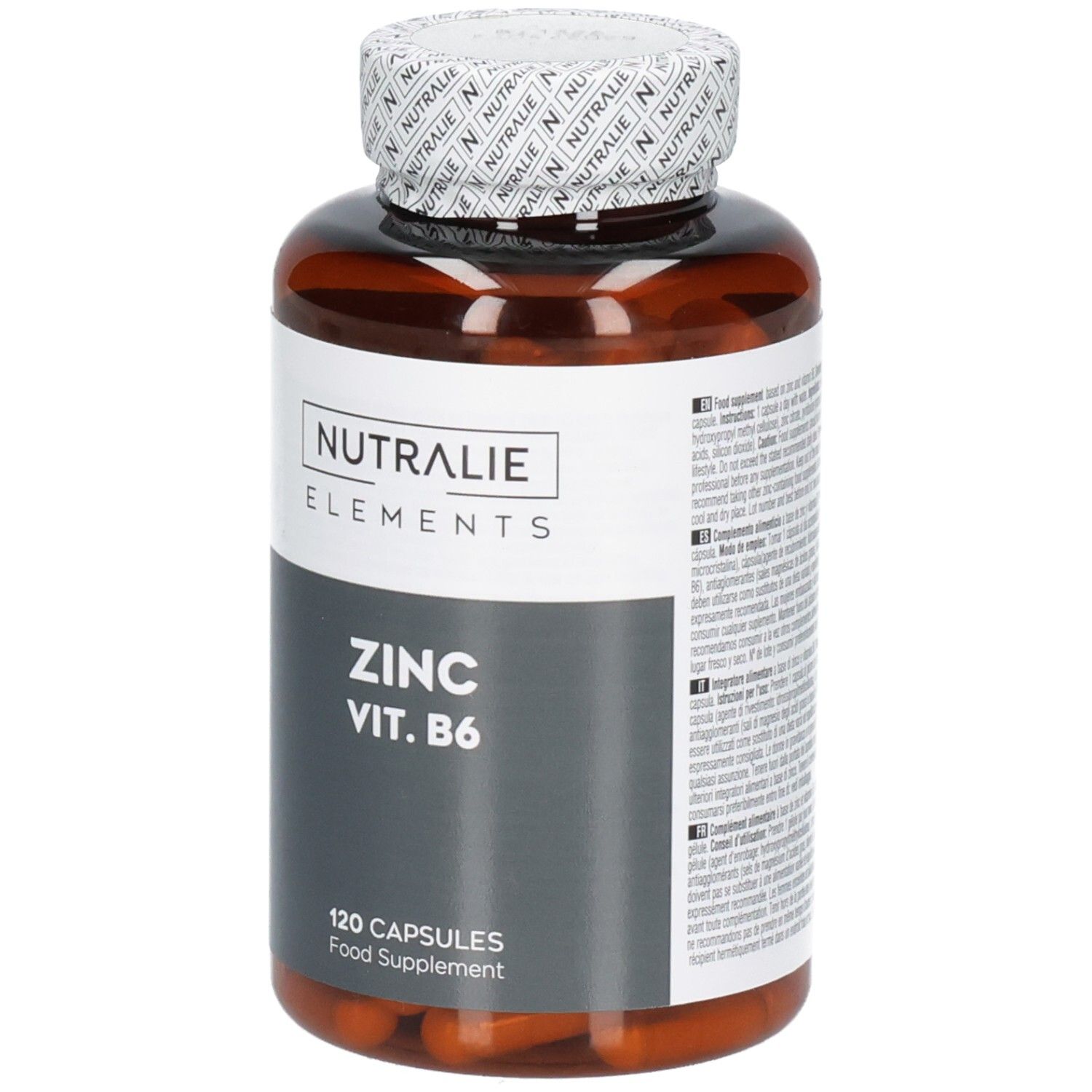 Bruine pot Nutralie Zink Vit. B6, 120 capsules, vooraanzicht.