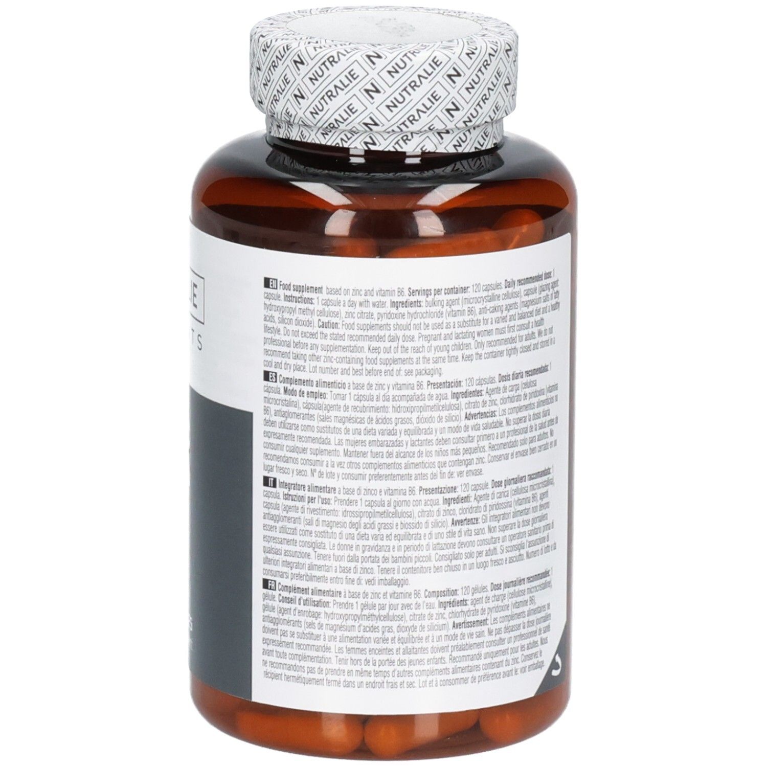 Achterkant van de Nutralie Zink Vit. B6 pot met gedetailleerde informatie.