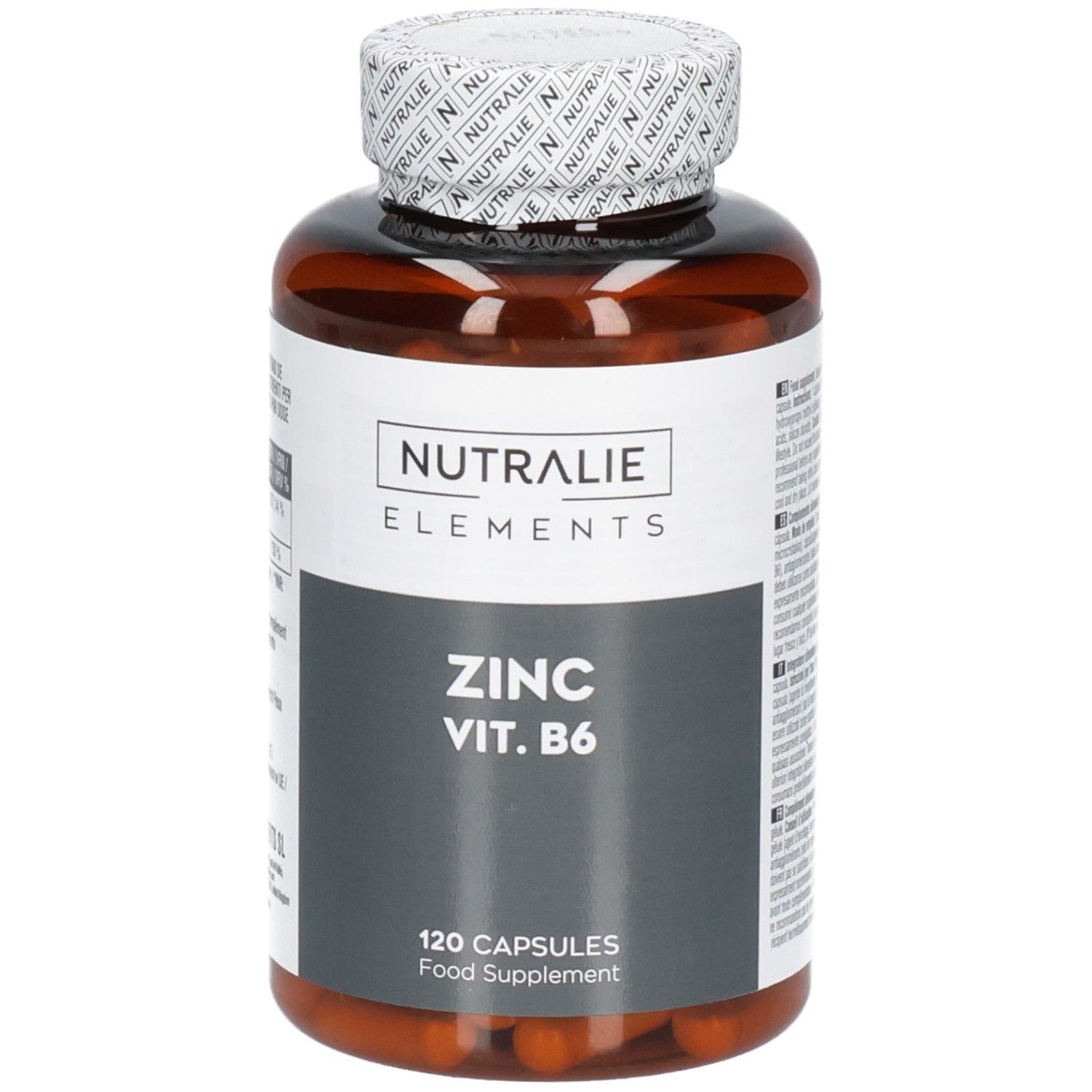 Nutralie Zink Vit. B6 pot, 120 capsules, licht schuin van voren.