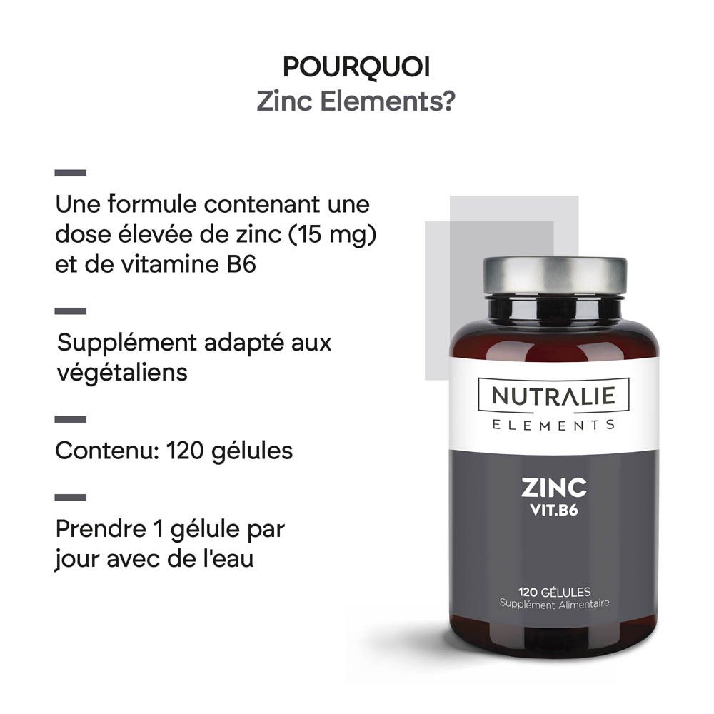 Vue latérale d'une bouteille Nutralie Zinc Vit. B6 avec indication de poids.