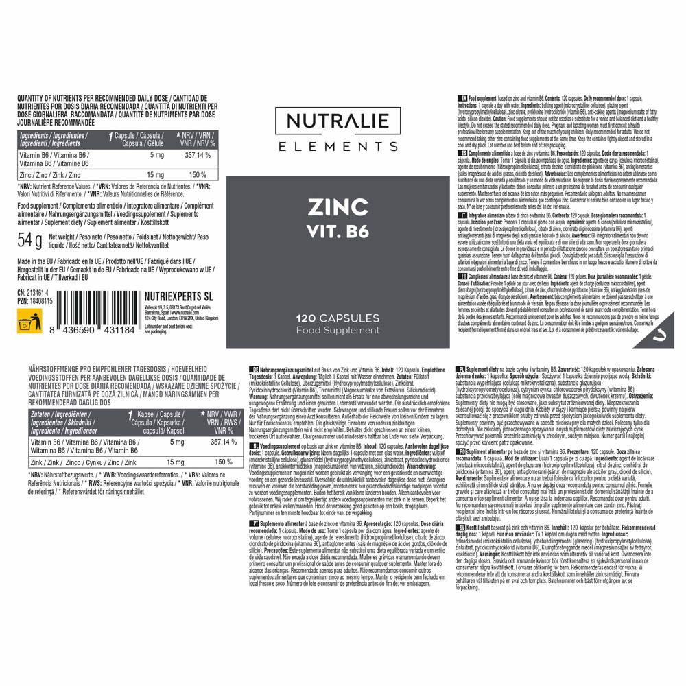 Bouteille Nutralie Zinc Vit. B6, 120 gélules, légèrement inclinée de face.