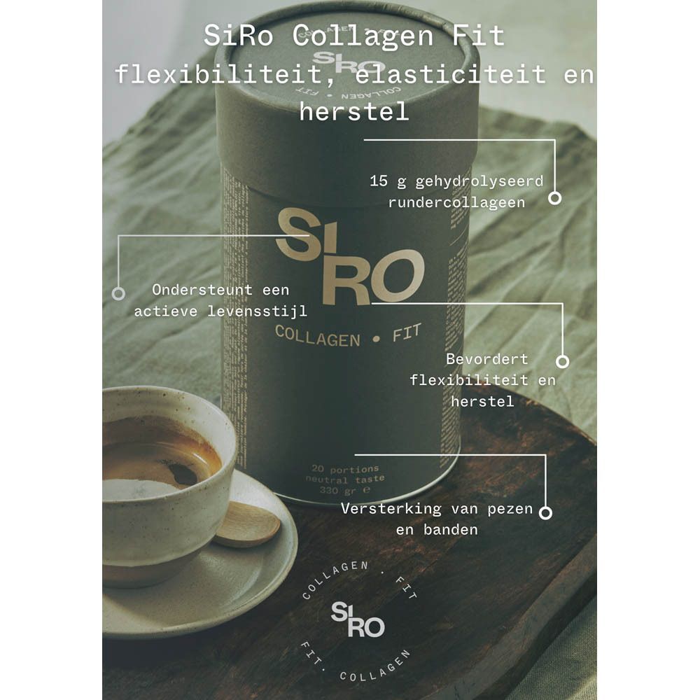 SiRo Collagen FIT blik naast een koffiekopje en houten lepel.