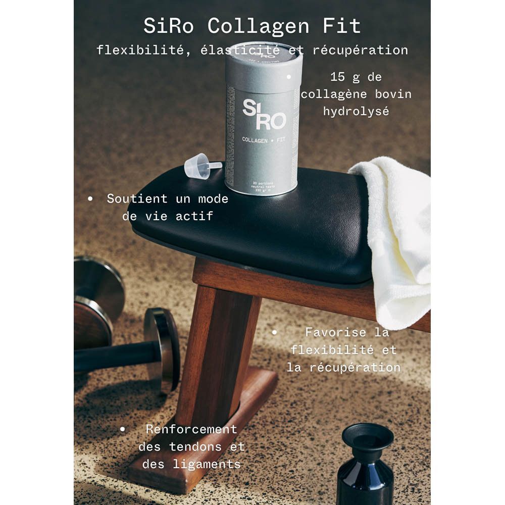 Boîte SiRo Collagen FIT sur un banc d'entraînement, à côté d'haltères et d'une serviette.
