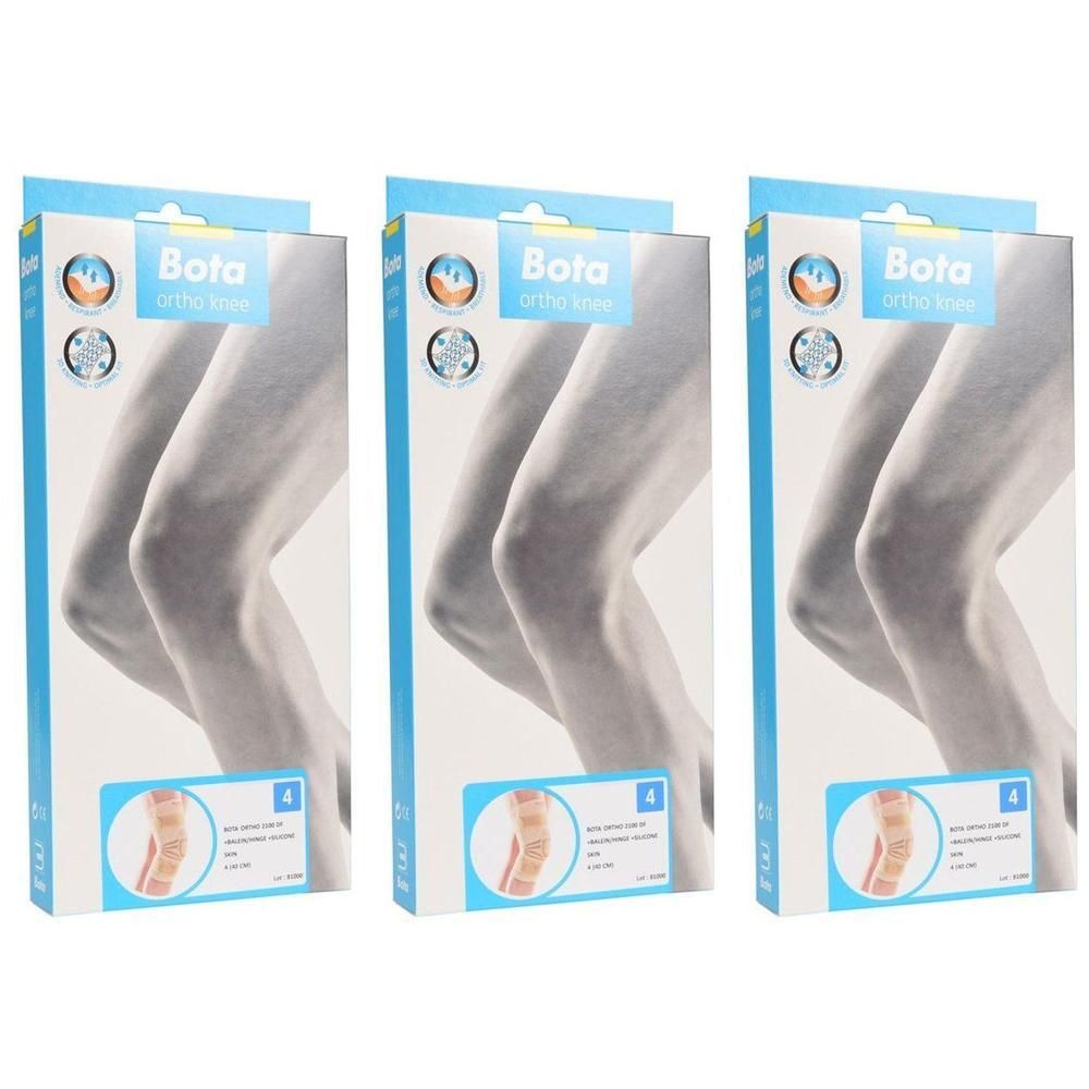 Drie verpakkingen Bota Ortho kniebraces met afbeeldingen van knieën en detailweergaven.