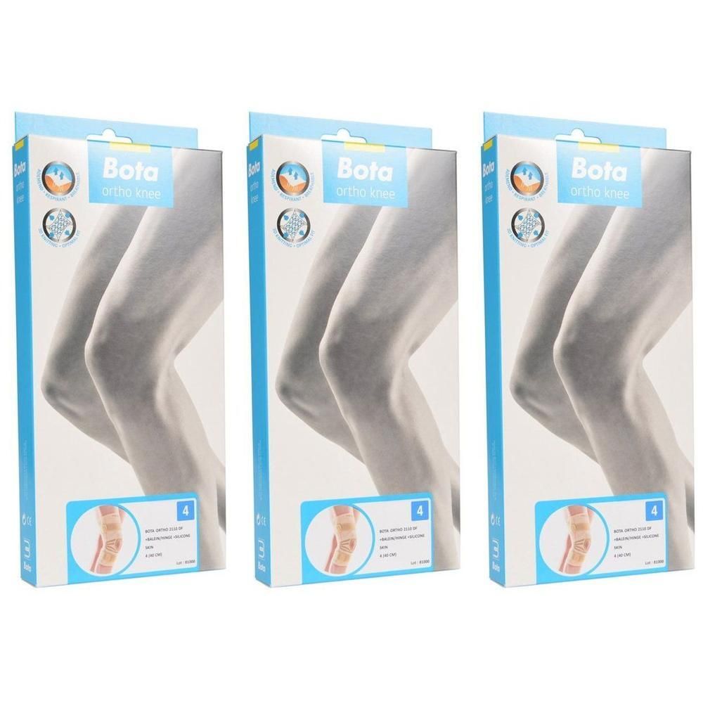 Trois paquets de genouillère Bota Ortho avec image d'un genou et taille 4.