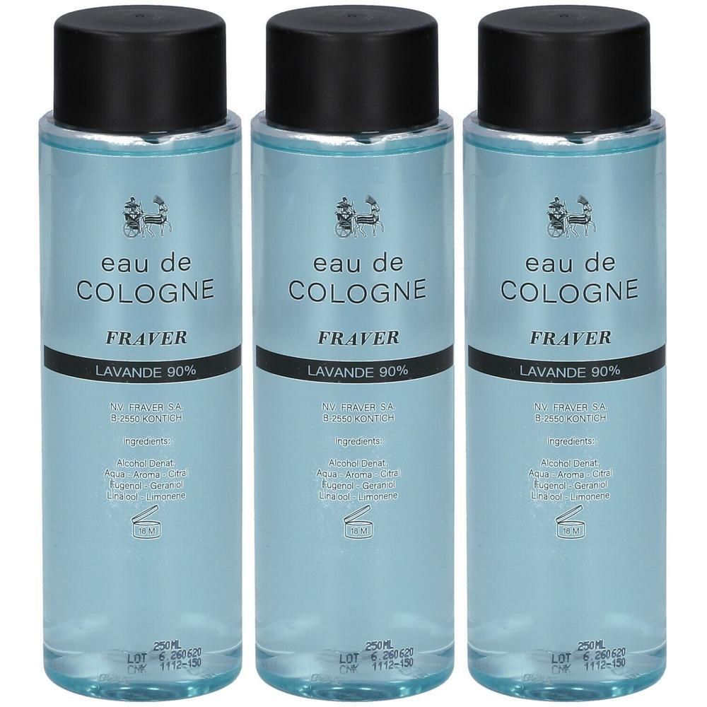 Drie flessen Eau de Cologne Lavande 90% van Fraver met zwarte doppen. Heldere vloeistof in transparante flessen.