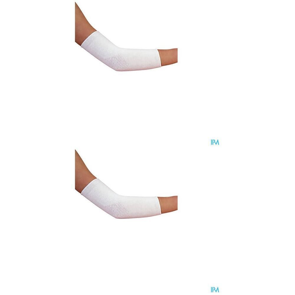 Bandage de coude blanche en tissu respirant, portée sur un bras.
