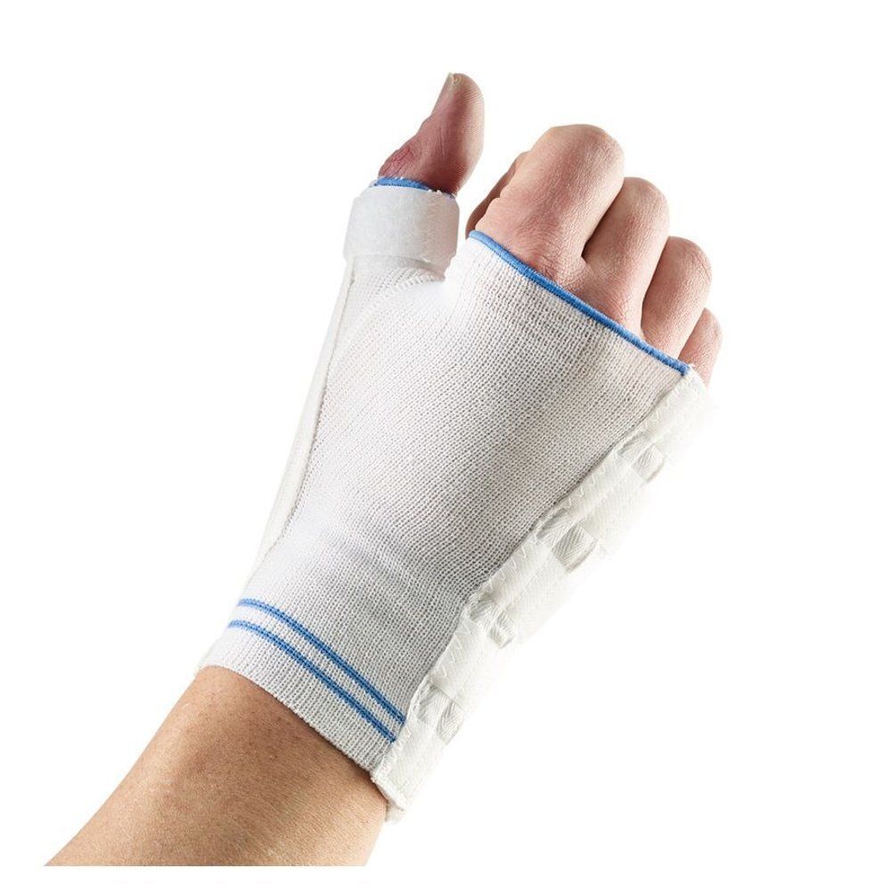 Support poignet et pouce blanc avec bandes bleues et boutons-pression.
