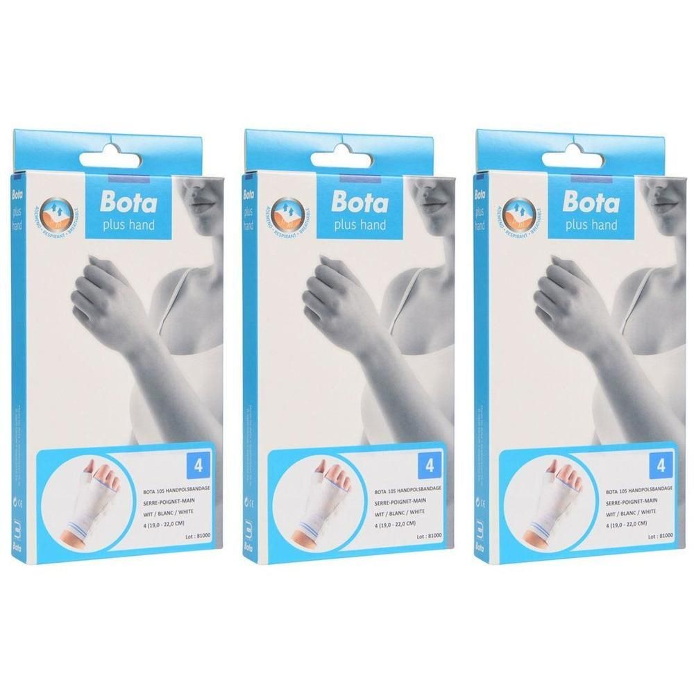 Drie verpakkingen Bota Handpolsband + Duim 105 Wit Maat 4. Toont een vrouw met een handbandage.