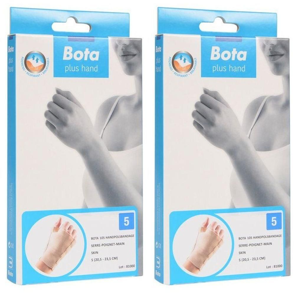 Twee verpakkingen Bota handpolsband met duimsteun, maat 5, huidskleur.