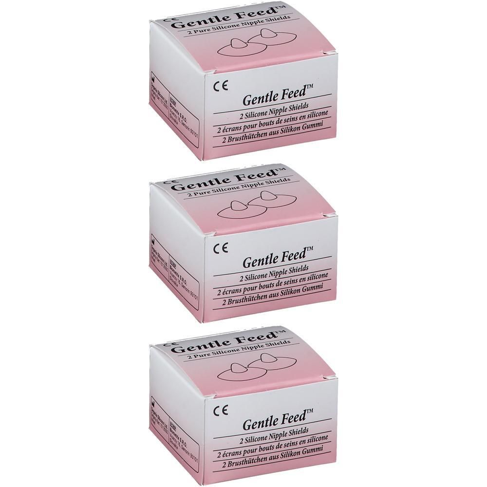 Drie dozen "Gentle Feed" met elk 2 siliconen tepelschildjes. CE-markering zichtbaar.