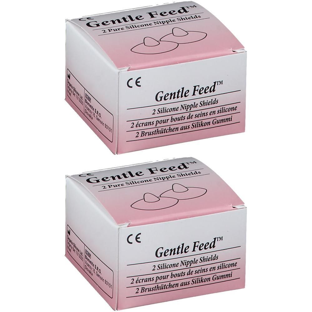 Deux téterelles en silicone Gentle Feed en emballage. Marquage CE visible.