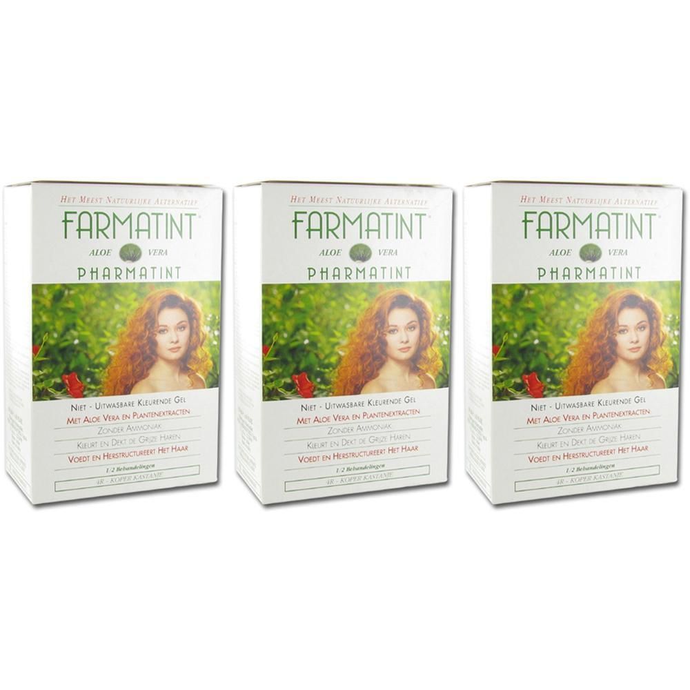 Trois boîtes de coloration capillaire Farmatint à l'Aloe Vera. Image d'une femme aux cheveux roux.