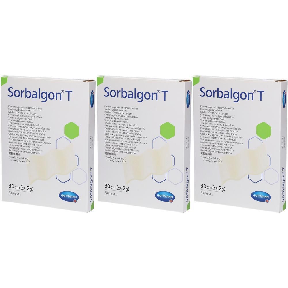 Trois boîtes de pansements Hartmann Sorbalgon T, 30cm (env. 2g), 5 pièces par boîte.
