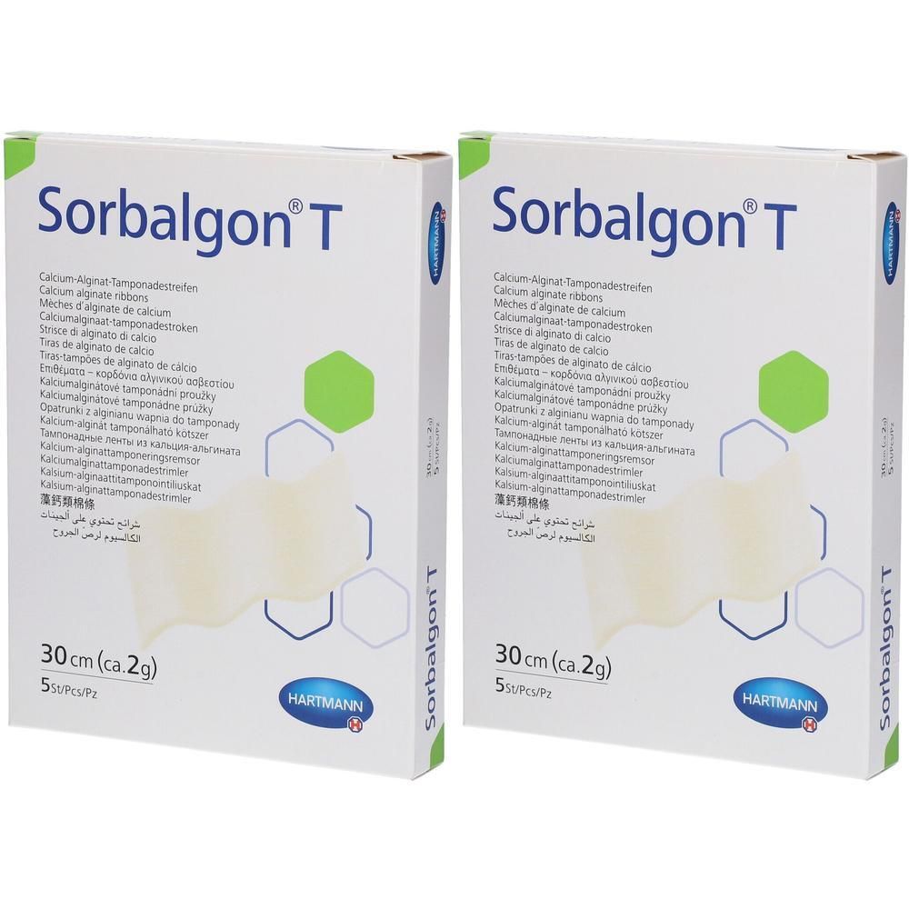Deux paquets de Hartmann Sorbalgon T Rubans d'alginate de calcium, 30 cm, 5 pièces par paquet.