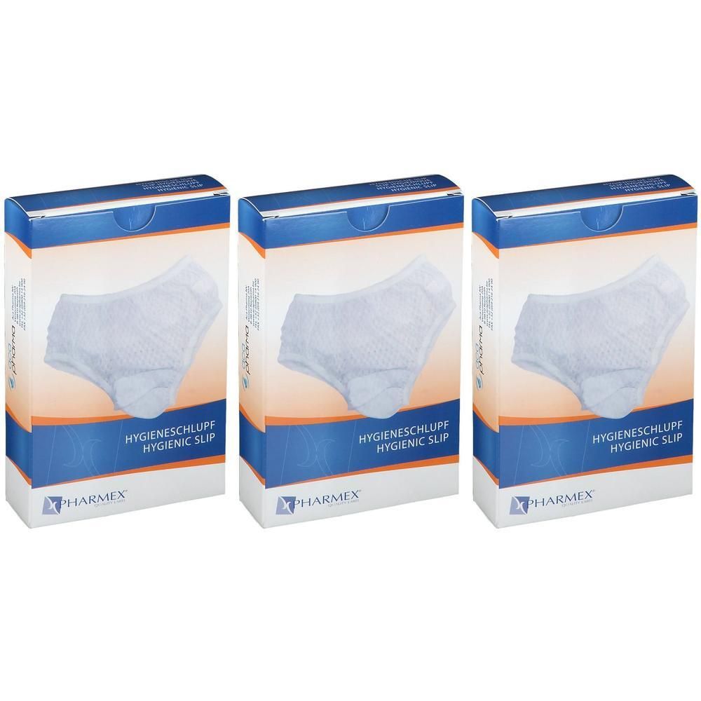Trois paquets de culottes hygiéniques Pharmex blanches, taille 42-44.