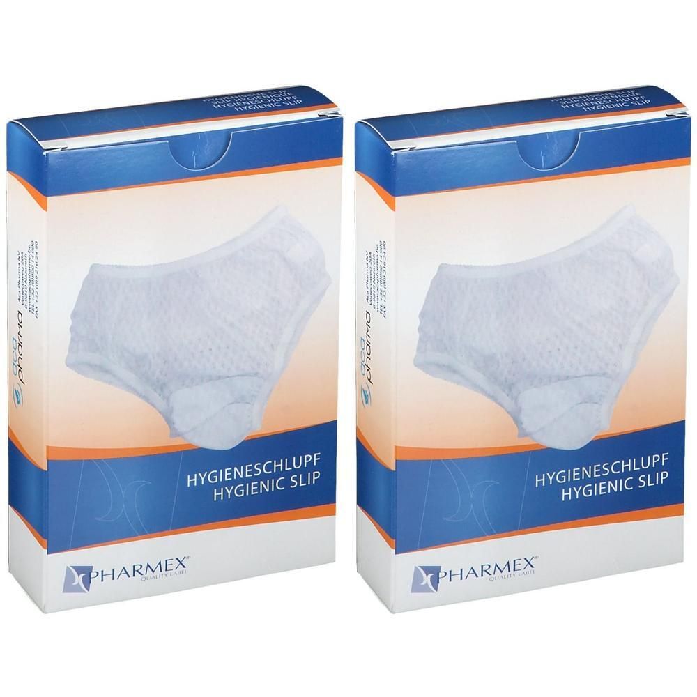 Deux paquets de culottes hygiéniques Pharmex, blanches, coton. L'emballage montre une culotte hygiénique.