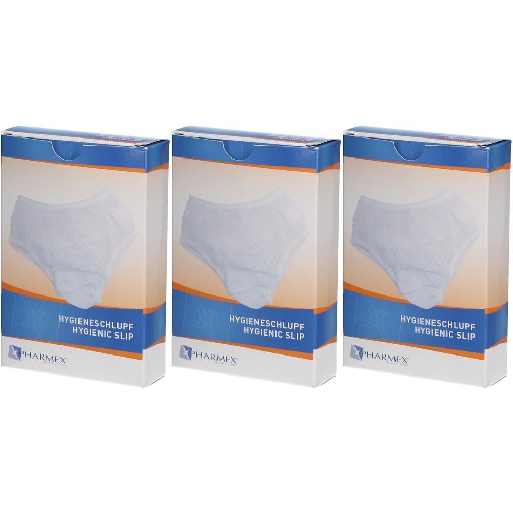 Drie pakken witte Pharmex hygiëneslips, maat 46-48.