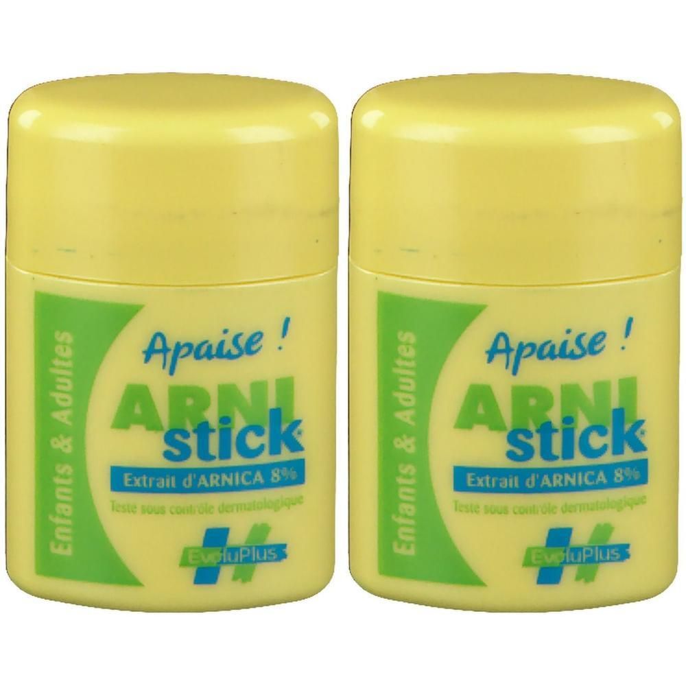 Twee gele sticks "ARNI stick" met arnica-extract 8%.