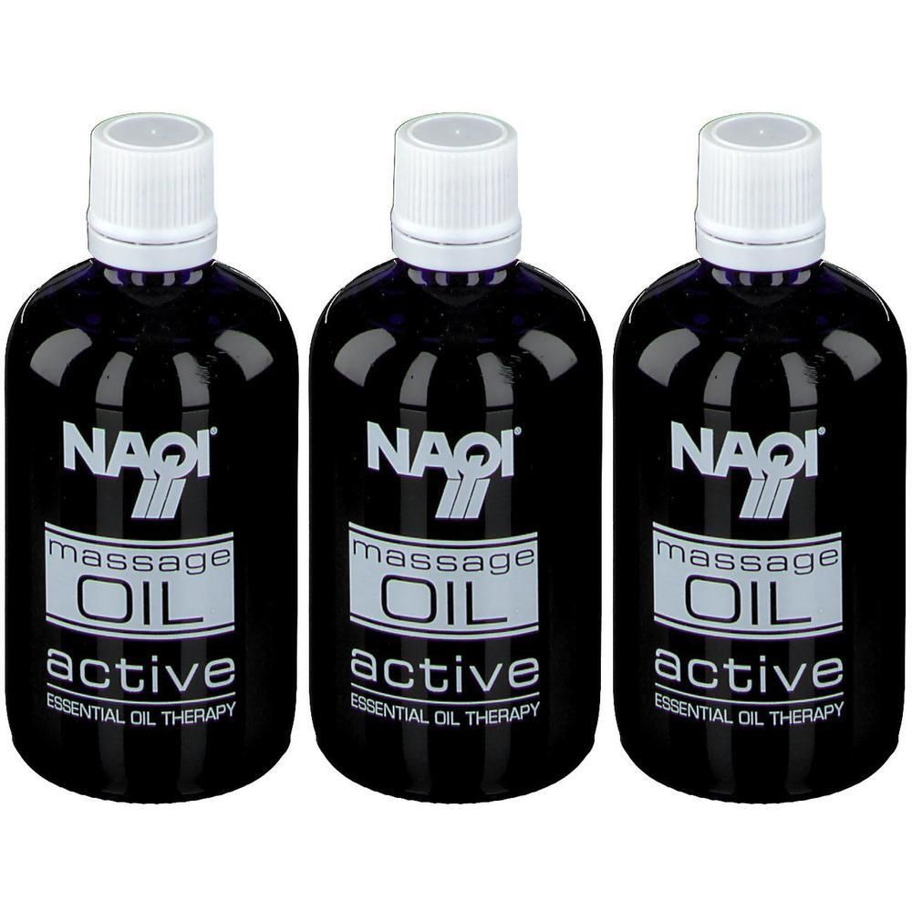 Trois bouteilles d'huile de massage NAQI Active avec bouchons blancs.