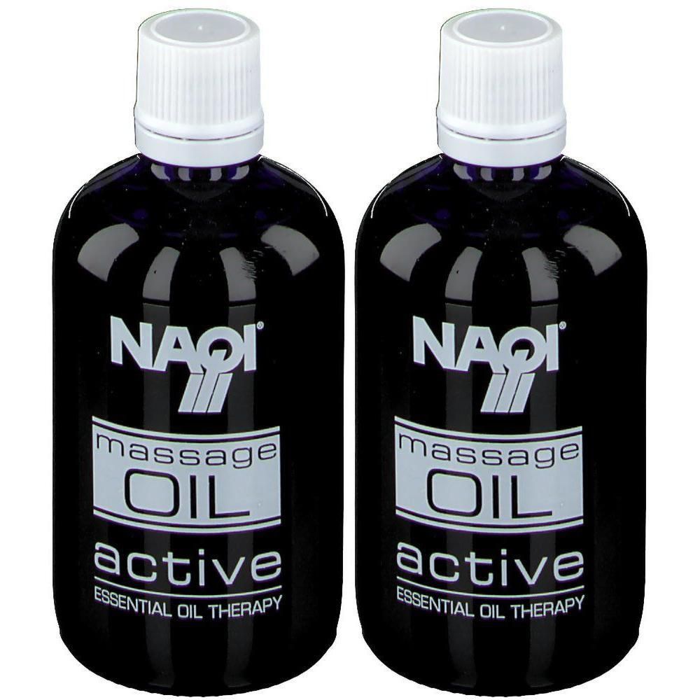Deux bouteilles d'huile de massage NAQI Active avec bouchons blancs.