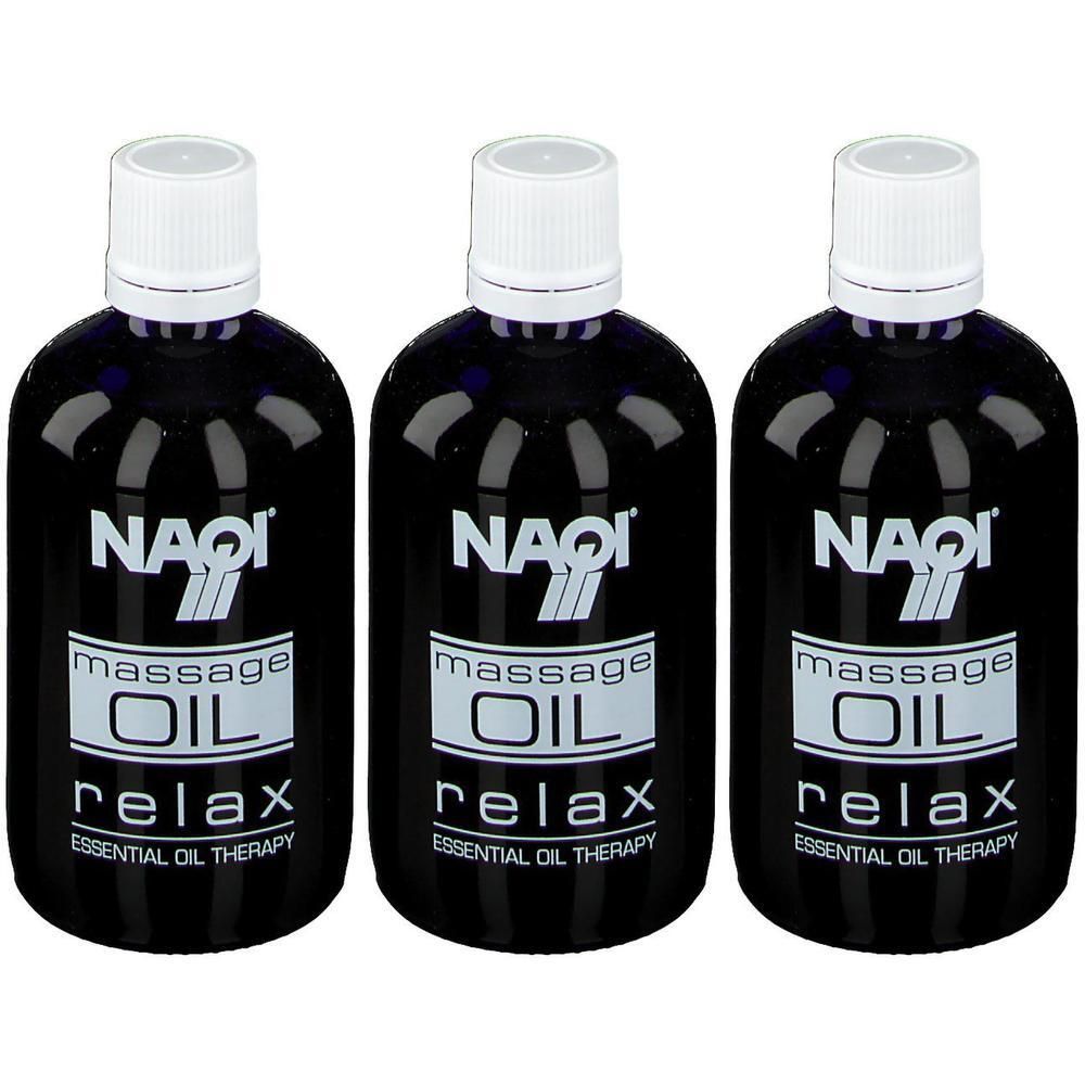Trois bouteilles d'huile de massage NAQI Relax avec bouchons blancs. Bouteilles bleu foncé avec étiquetage blanc.