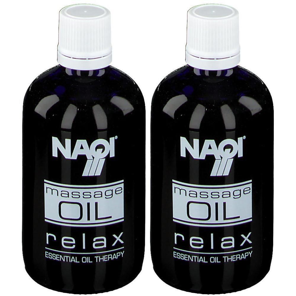 Deux bouteilles sombres de NAQI® Massage Oil Relax avec bouchons et étiquettes blancs.