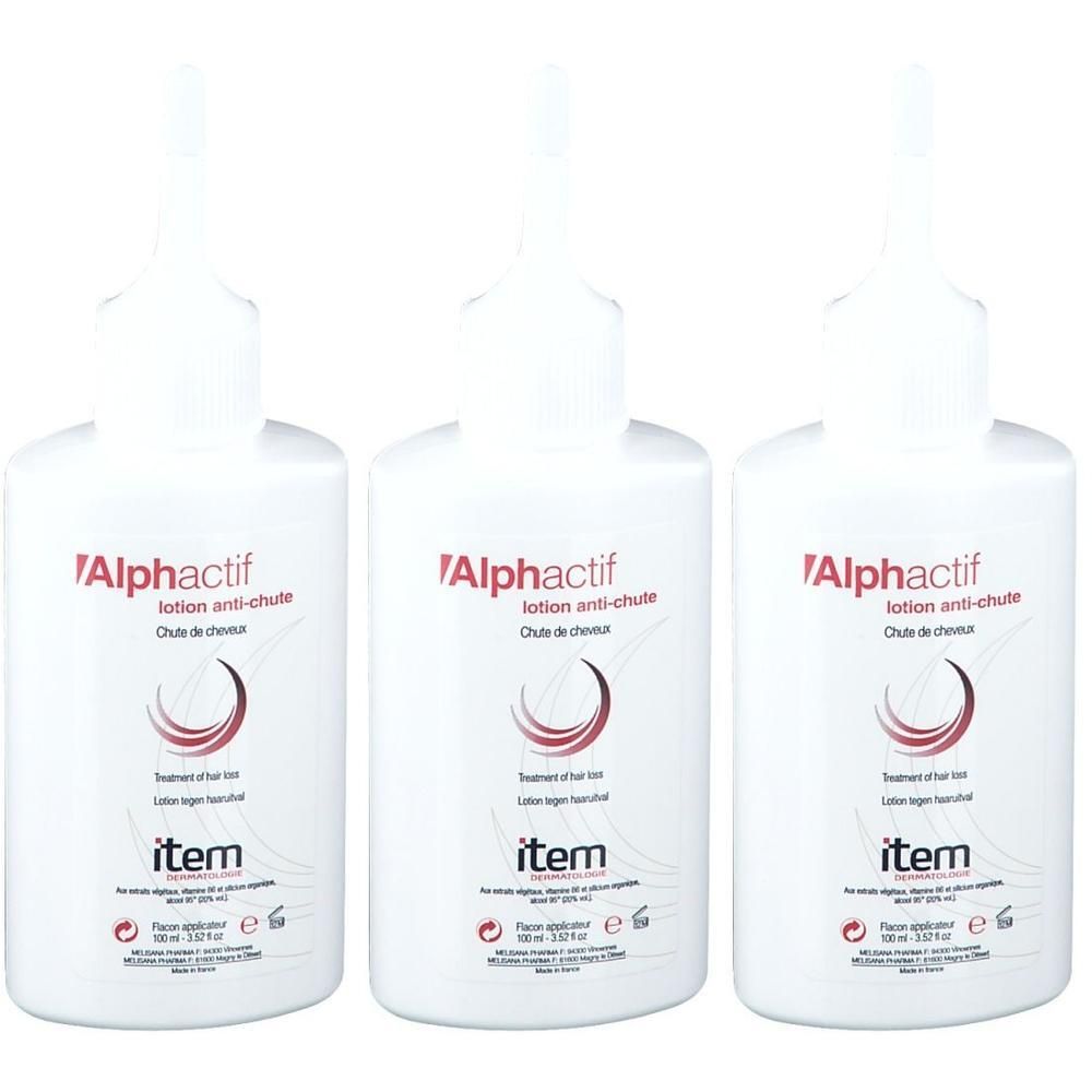 Trois flacons blancs Item Alphactif Lotion anti-chute avec applicateur. 100 ml.