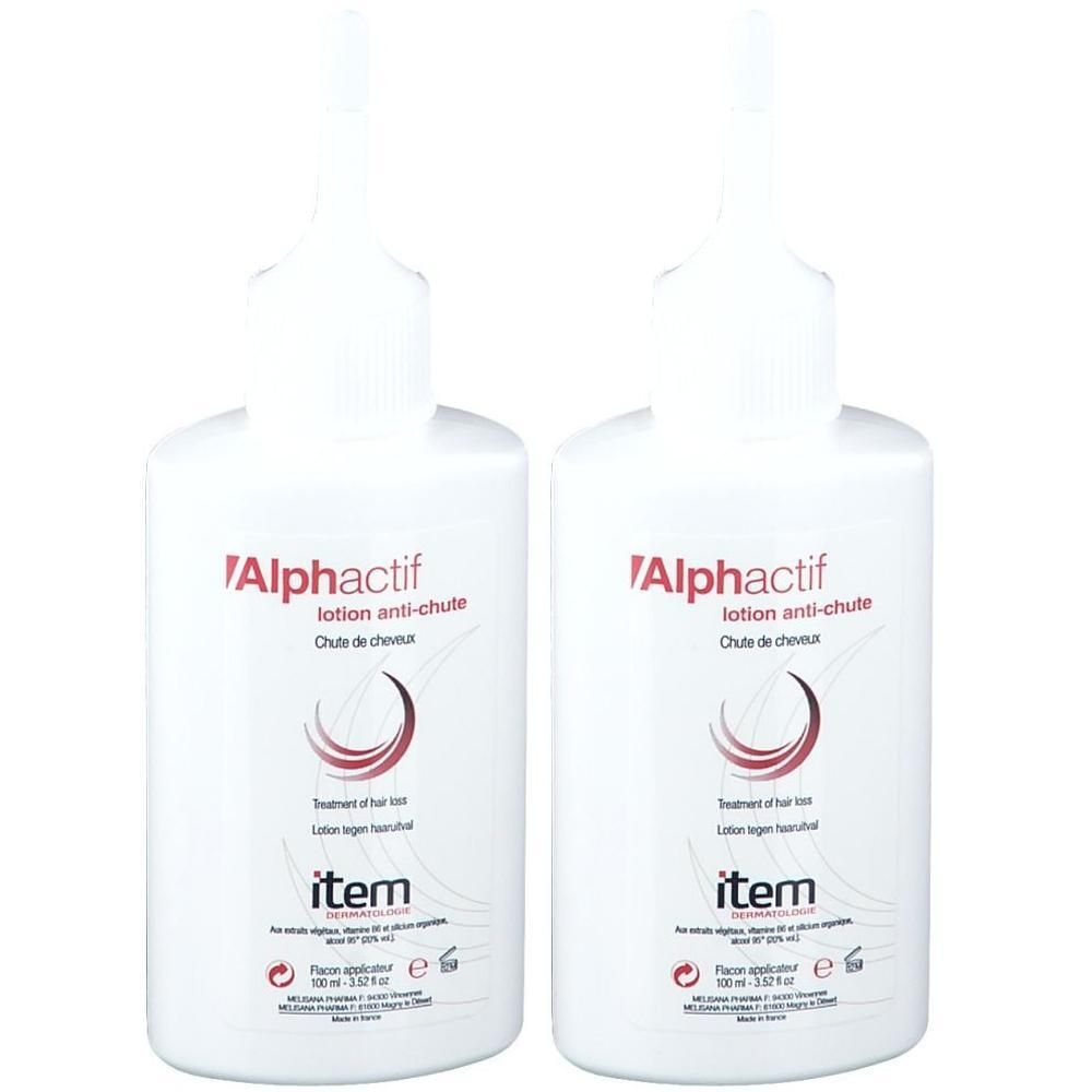 Deux flacons blancs Item Alphactif lotion anti-chute, 100 ml.