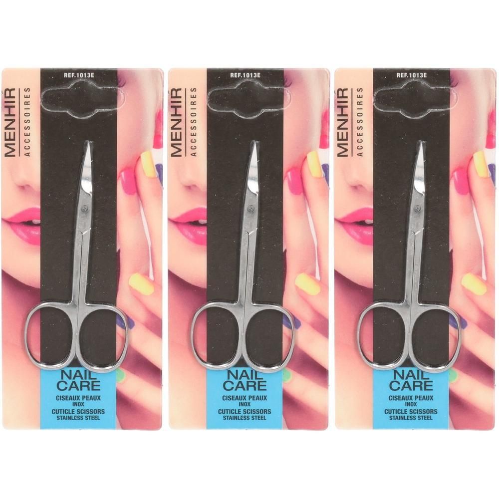Trois paquets de ciseaux à cuticules en acier inoxydable à pointe recourbée.