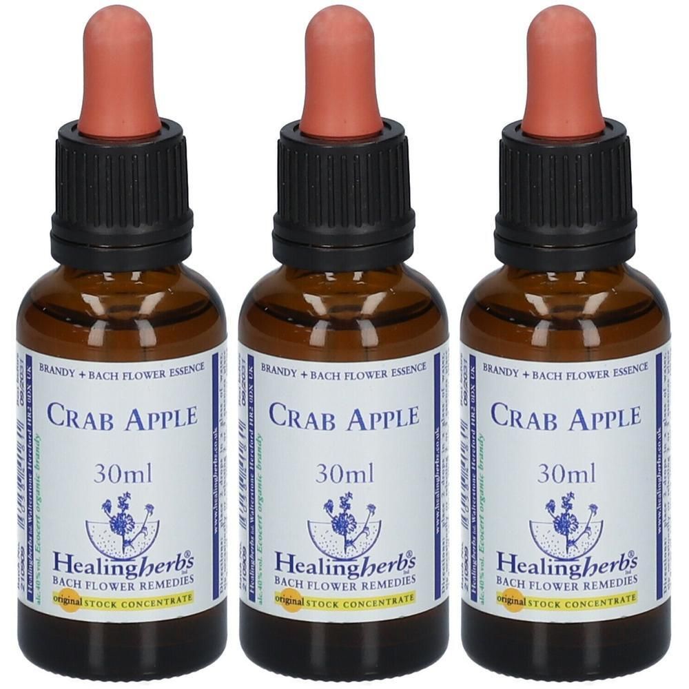 Trois flacons d'essence de fleurs de Bach Healing Herbs Crab Apple, 30ml chacun.