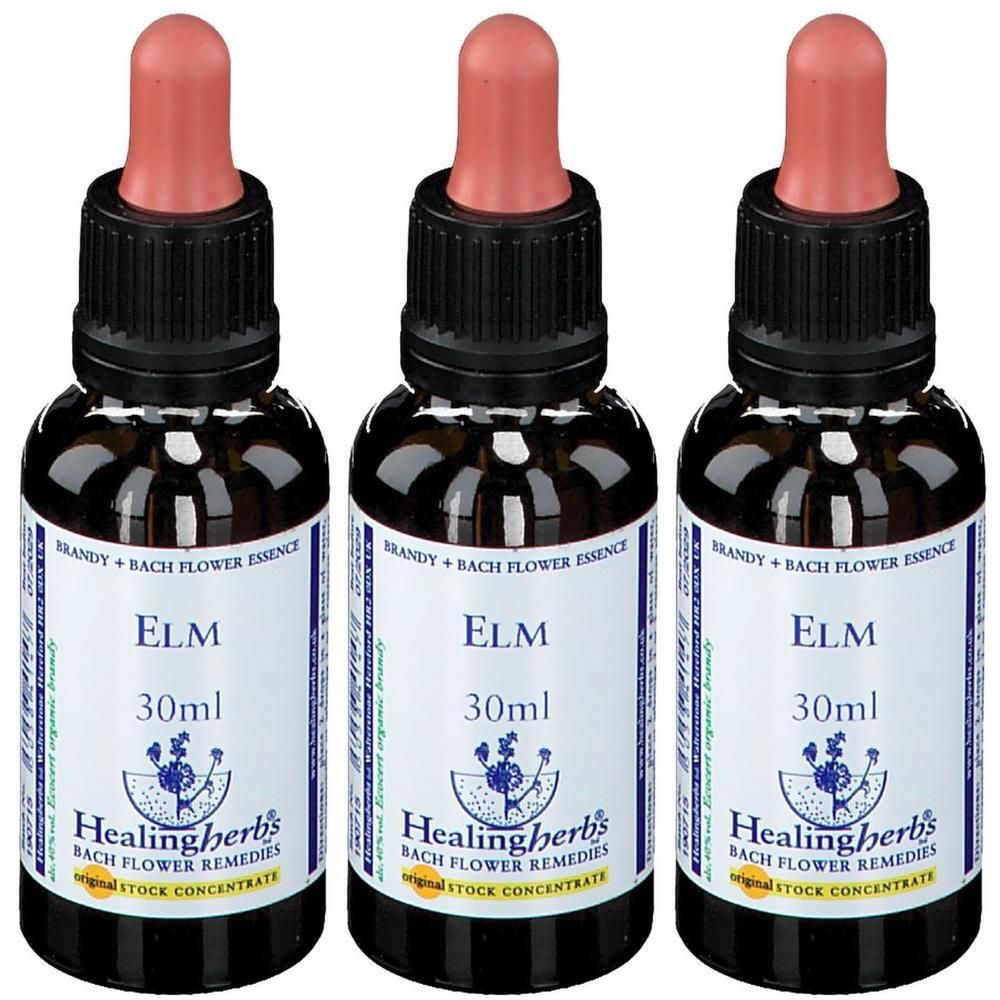 Drie flessen Healing Herbs Elm Bach bloesemremedie, 30ml per stuk, met druppeldop.