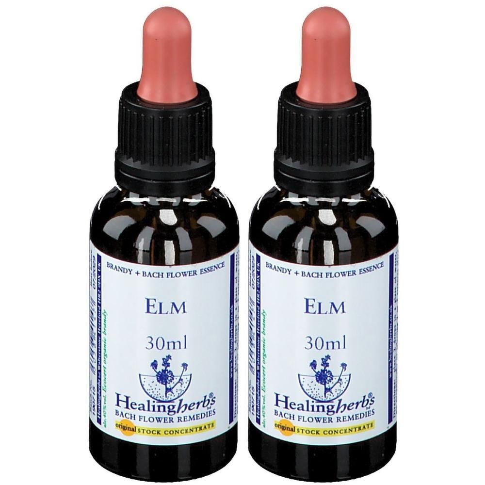 Deux flacons d'élixir floral Healing Herbs Elm, 30ml chacun, avec compte-gouttes.