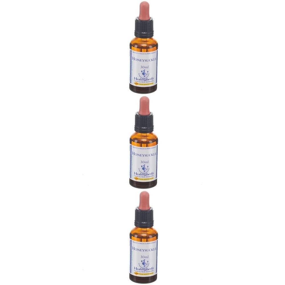 Trois flacons en verre brun avec compte-gouttes, remplis d'un liquide. Les étiquettes indiquent 'Honeysuckle' et 'Health Herbs'.