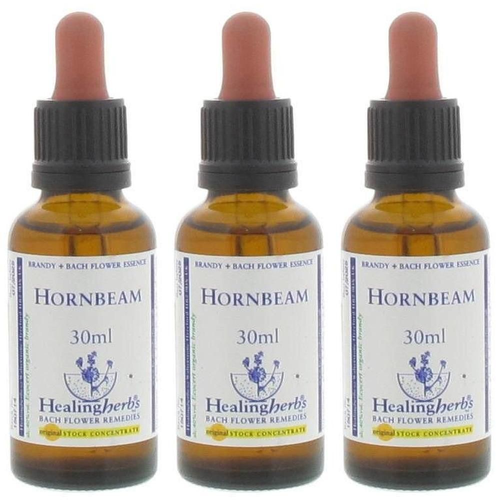 Trois flacons d'essence de fleurs de Bach Hornbeam, 30ml chacun, avec compte-gouttes.