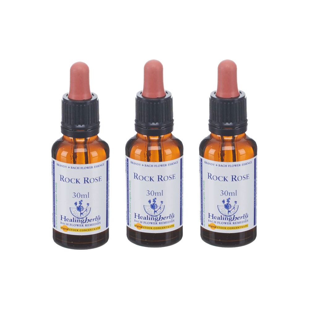 Trois flacons en verre brun avec compte-gouttes, Rock Rose 30ml, Healing Herbs.
