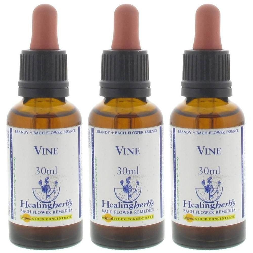 Trois flacons d'essence de fleurs de Bach Healingherbs VINE, 30ml chacun, avec compte-gouttes.