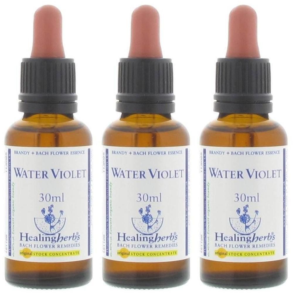 Drie flessen Healing Herbs Water Violet Bach bloesemremedie, elk 30ml.
