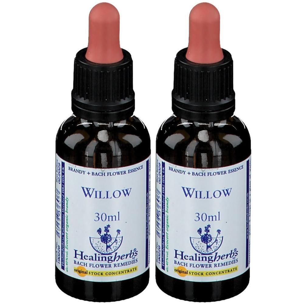 Twee flesjes Healing Herbs Willow Bach bloesemremedie, elk 30ml.