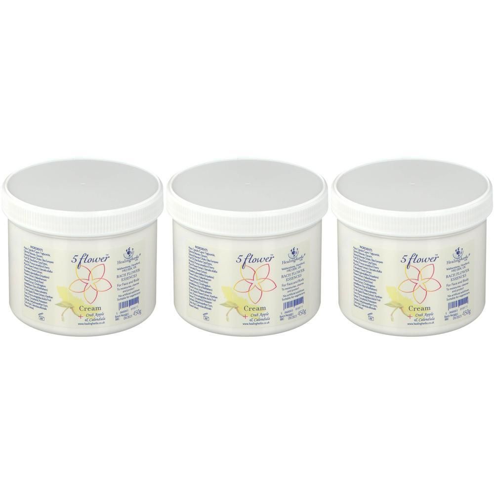 Trois pots blancs de crème 5 Flower Remedy. Chaque pot a une étiquette avec une fleur et du texte.