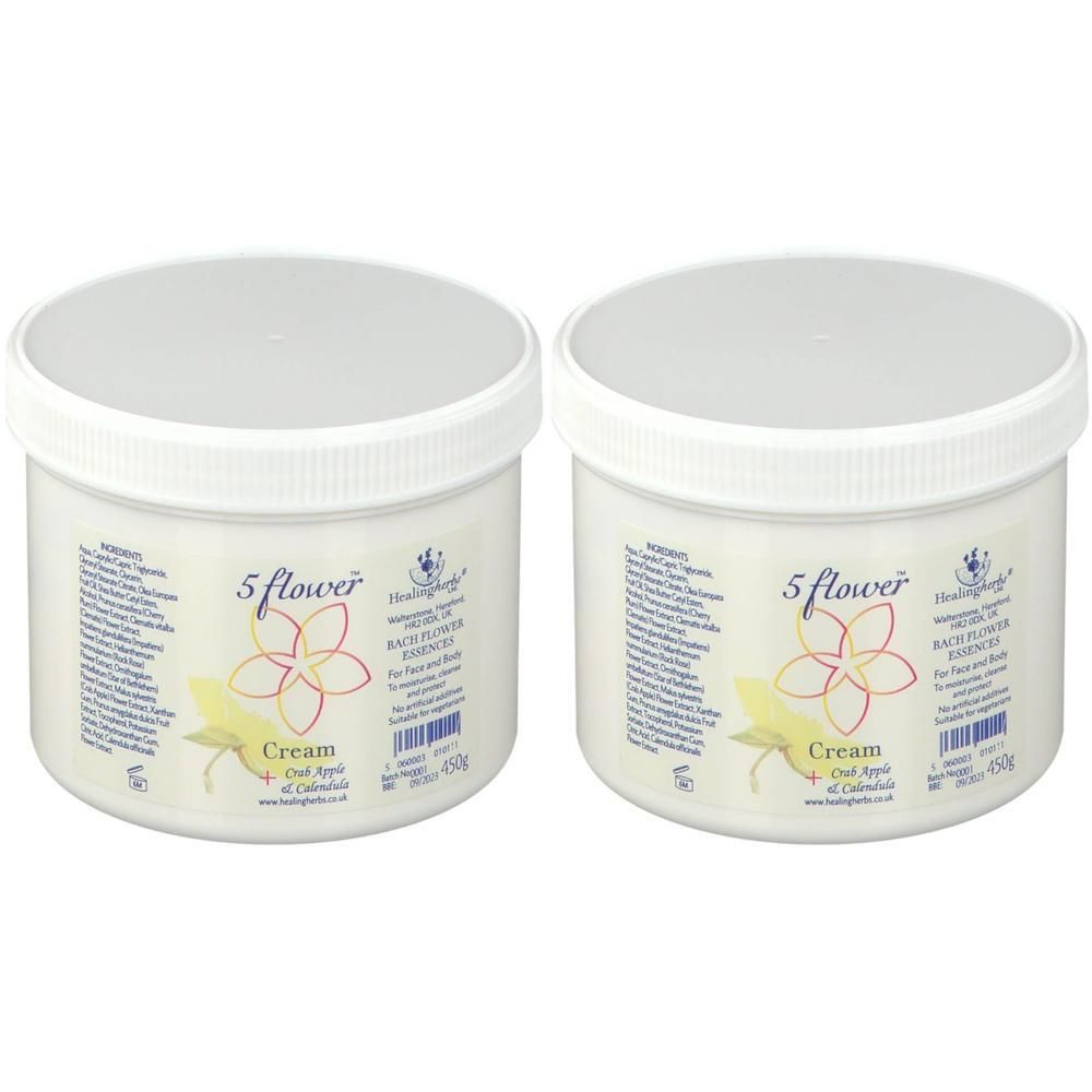 Twee witte potten 5 Flower Bach bloesem crème. Bevat een gestileerde bloem en tekst.
